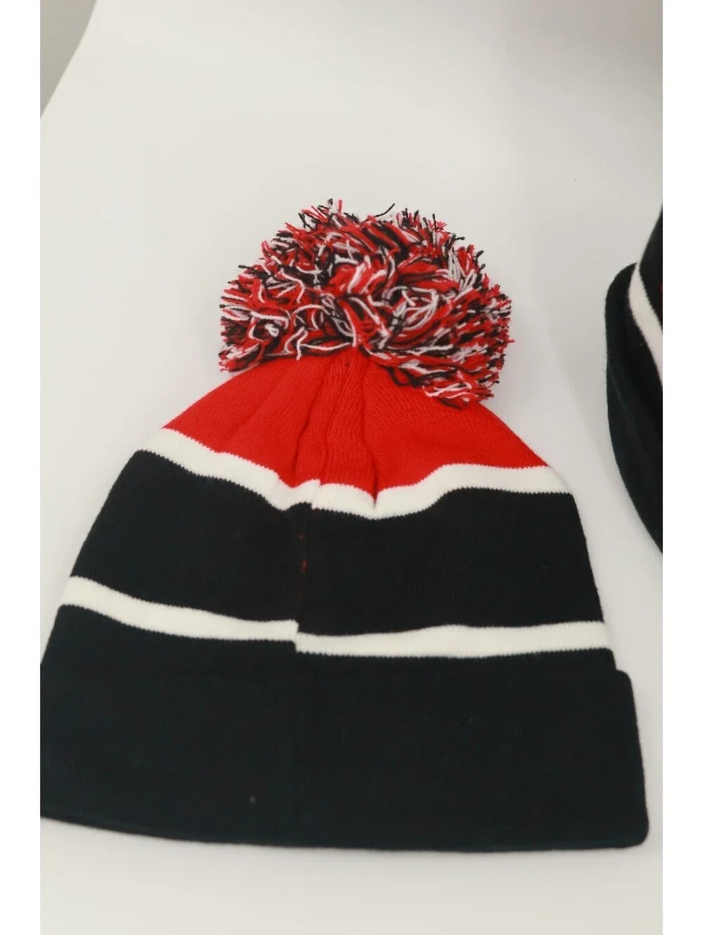 Chicago Knit Beanie Hat Pom Pom Striped Winter Cap Red Black White Cuffed New OS
